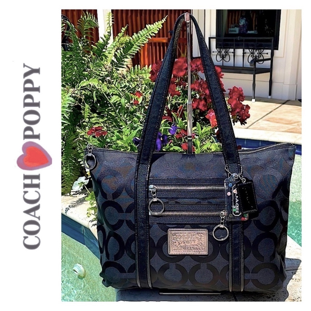 Coach Poppy OP Art Sig. C Blk Jacquard Print & Leather Trim Shoulder Bag/Tote
